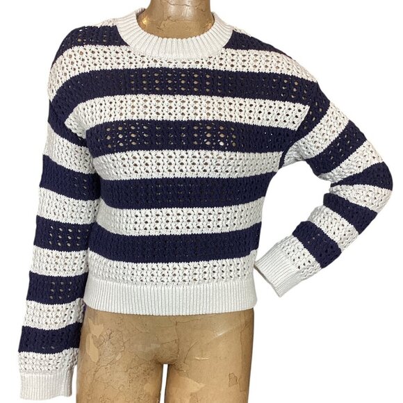 Universal Thread Striped Long Sleeve Open Knit Sweater M Blue & White 317H - Picture 2 of 8